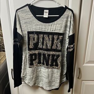 Victoria's Secret PINK Sequin Logo Long Sleeve, Medium, NWOT, Black & Grey